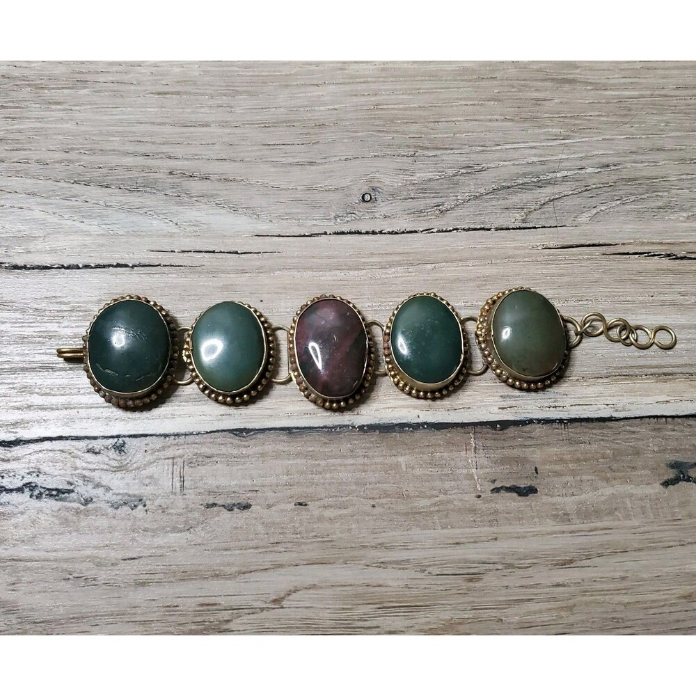 Vtg Mid-Century India Brass Multi-Gemstone 5-Station Cabochon Panel Bracelet 7.5